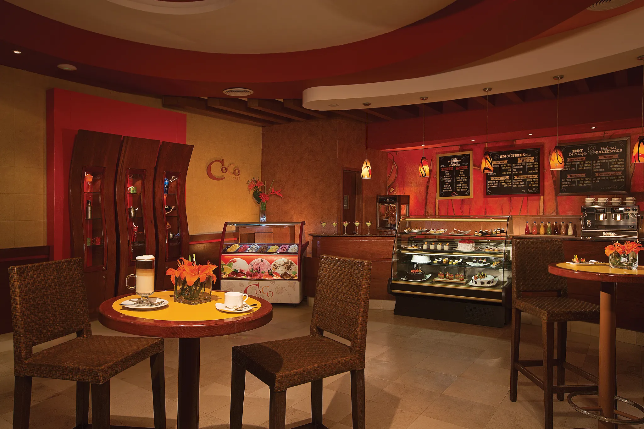 Coco Café at Dreams Jade Resort & Spa featuring premium coffee bar, pastry display, and cozy casual seating.