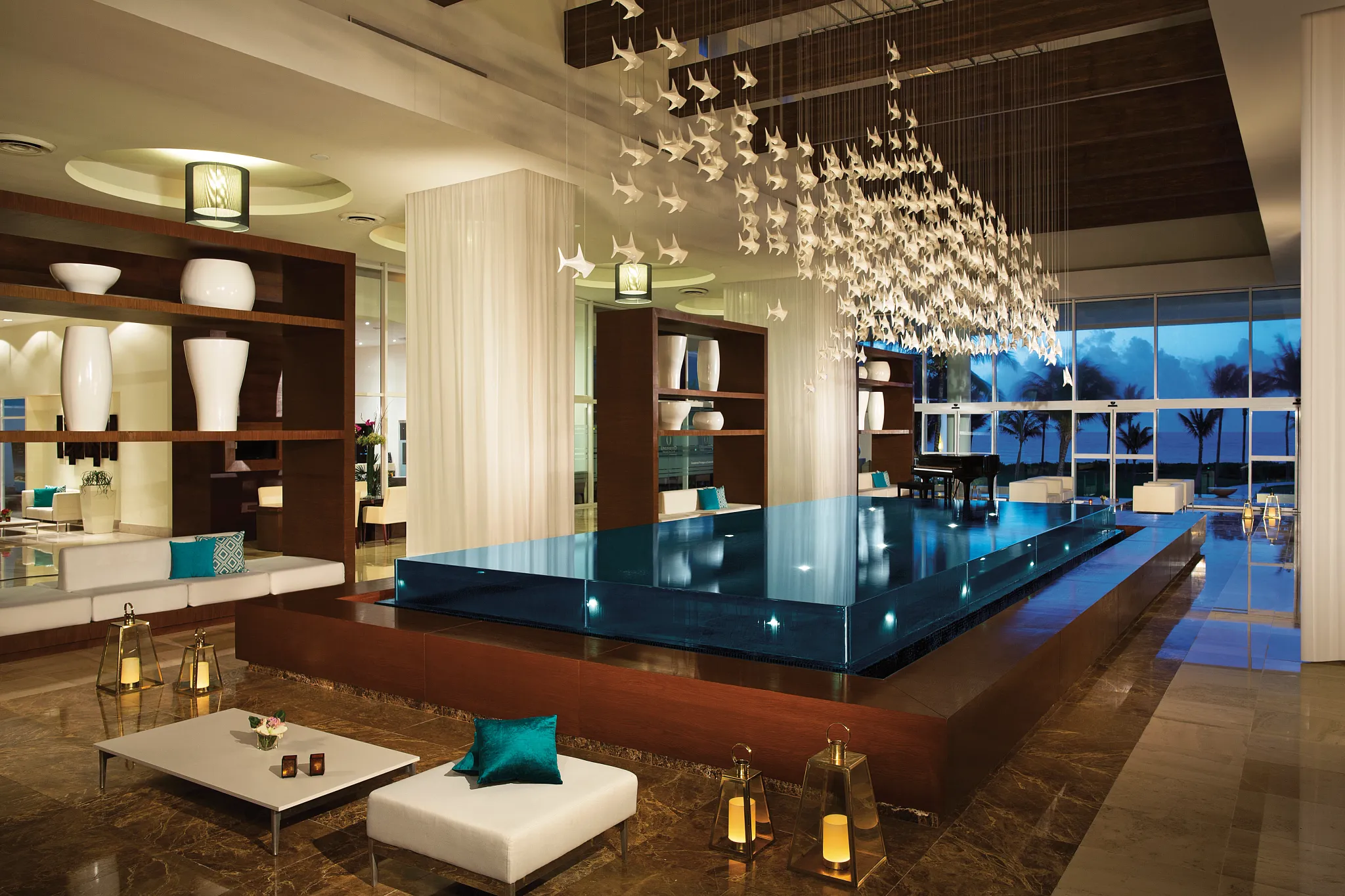 Elegant lobby interior at Dreams Jade Resort & Spa in Puerto Morelos.