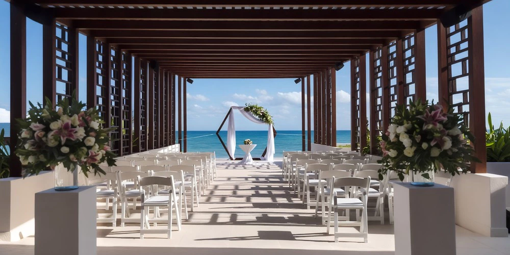 Oceanfront pergola deck ceremony setup with white chairs at Dreams Jade Riviera Cancun